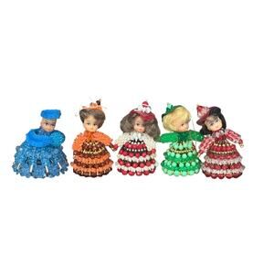 Five Vintage 1960's Beaded Safety Pin Dolls 4"